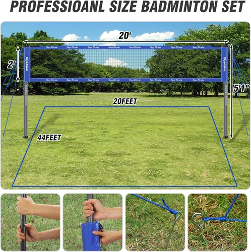 Miniatura 8 de Sistema de red de bádminton portátil para exteriores, para patio trasero, césped, playa, con red duradera, 4 raquetas de aluminio de carbono, 3