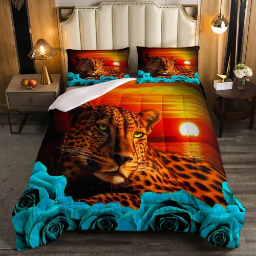 Miniatura 41 de Erosebridal Juego de ropa de cama de guepardo con rosa azul, juego de edredón con estampado de leopardo y gato, edredón romántico de plumón