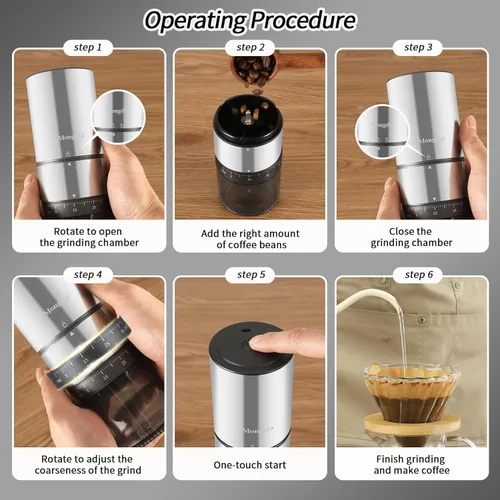 Miniatura 2 de Mongdio Molinillo de Granos de Café Eléctrico Portátil con 38 Configuraciones Ajustables, Molinillo de Café Eléctrico de Rebaba con Núcleo de Acero