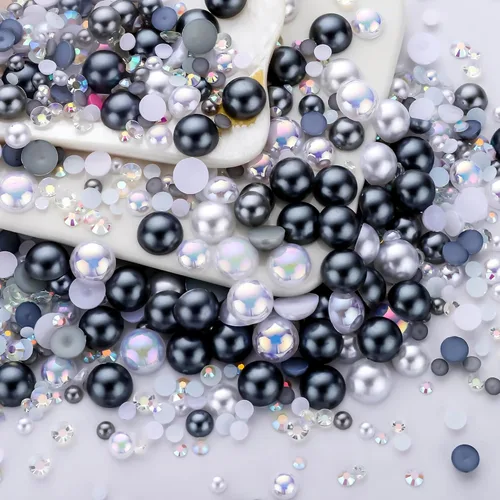 Miniatura 46 de 60g de Perlas Acuamarina Dorada con Diamantes de Imitación para Manualidades Tamaño Mixto 3mm-10mm Color AB Redondas Perlas Medias Planas Conjunto