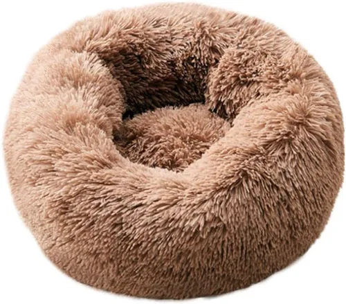 Cama redonda de felpa suave moderna para gatos o perros pequeños, cama para perros o gatos de tamaño mini o mediano, auto-calentable, otoño, Café