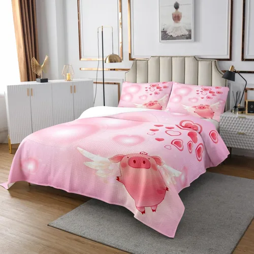 Miniatura 2 de Manfei Juego de colcha de cerdo rosa para niños, tamaño individual, bonito juego de 2 piezas para decoración de habitación de niñas y adolescentes