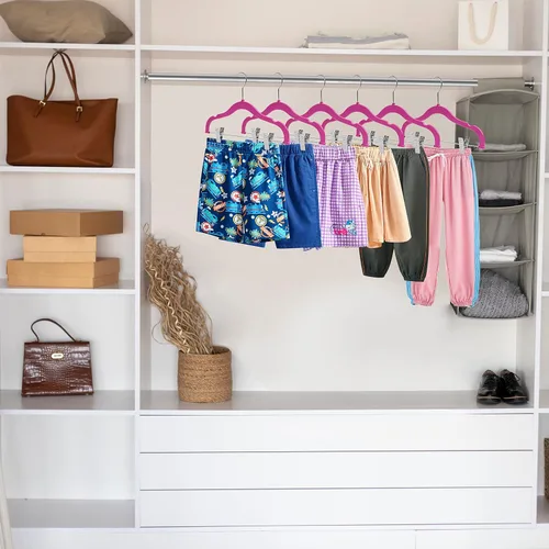 Miniatura 2 de Perchas de plástico de calidad para niños, no aterciopeladas, delgadas, compactas, con clips de metal, para faldas, pantalones, blusas, gancho Rosa