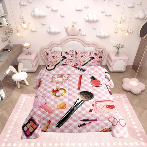 Miniatura 41 de Castle Fairy Rose Lipstick Bedding Set Elegant Quilted Comforter Set Twin Size,Women Cosmetic Duvet Insert with 1 Pillow Sham for Kids Boys Girls