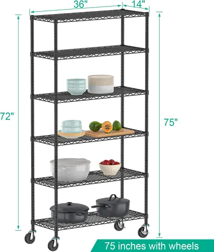 Miniatura 3 de Folews Estante de almacenamiento de metal de 6 niveles con ruedas, estante de alambre ajustable resistente NSF para garaje, cocina, despensa