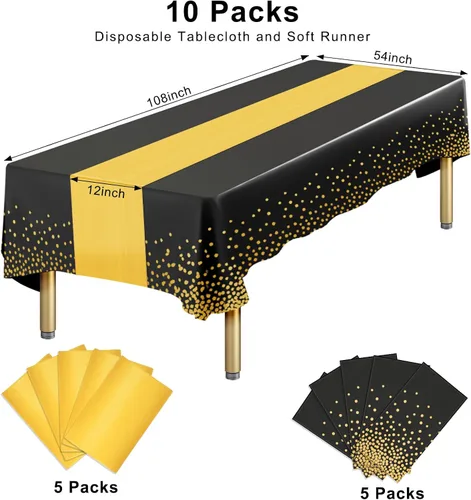 Miniatura 2 de Paquete de 10 manteles rectangulares de plástico y camino de mesa de satén, mantel desechable negro rectangular y dorado para cumpleaños