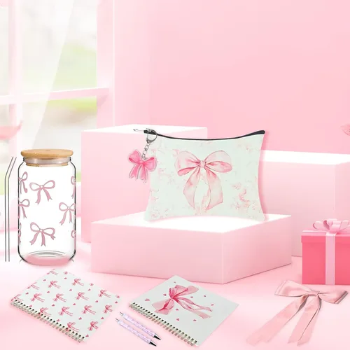 Miniatura 7 de Coquette - Juego de regalo de lazo rosa con taza de lazo, bolsa de maquillaje preparada, cuaderno de lazo, accesorios de llavero, regalos temáticos