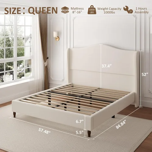 Miniatura 2 de Armazón de cama tamaño completo con cabecera de 51" de altura, marcos de cama de plataforma tapizados en chenilla con respaldo clásico curvado tipo