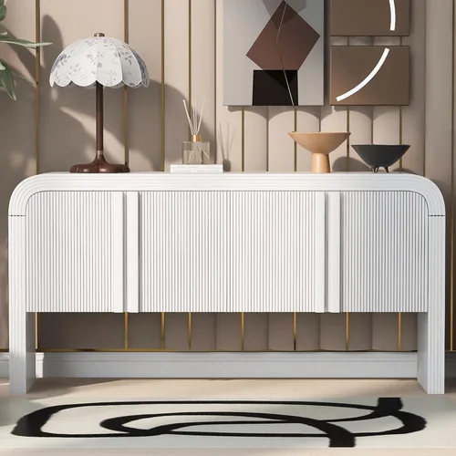 Miniatura 12 de Virubi Armario de buffet acanalado de 63 pulgadas con almacenamiento, puertas y estantes ajustables, mesa consola curva de madera con Azul marino
