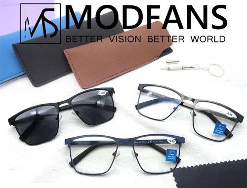 Miniatura 7 de MODFANS Gafas de lectura para hombre, lentes de bloqueo de luz azul, lectores cuadrados de metal, material de acero inoxidable, antifatiga