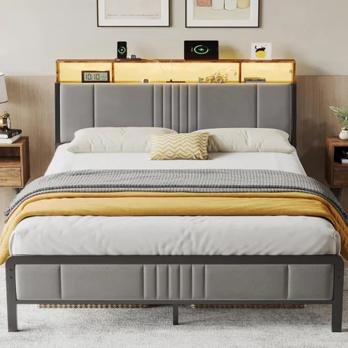 Miniatura 10 de BedsPick Base de cama tamaño completo con cabecera ergonómica, plataforma de metal tapizada tamaño completo con almacenamiento de 2 niveles