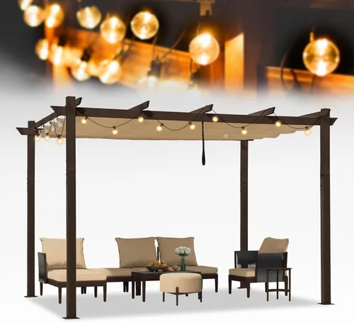 Miniatura 47 de PURPLE LEAF Pérgola Retráctil de 10' x 13' para Exteriores de Aluminio Blanco con Toldo de Sombra para Patio Refugio Moderno Marrón para Jardín