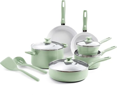 GreenPan Dover - Juego de ollas y sartenes de cerámica saludable antiadherente de 12 piezas, sin PFAS, apto para lavavajillas, mango de agarre verde