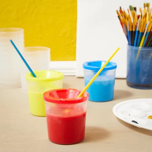 Miniatura 3 de Juvale Paquete de 12 vasos de pintura antiderrames con tapas para niños, suministros de arte y manualidades para aulas (4 colores, 3 x 3 pulgadas)