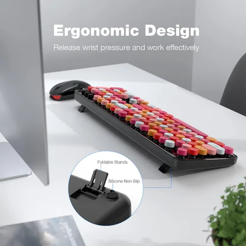 Miniatura 176 de KNOWSQT Combo de teclado y ratón inalámbrico, teclados lindos de tamaño completo estilo máquina de escribir 2.4G azul colorido - receptor USB Plug