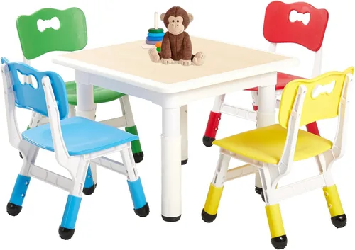 Miniatura 14 de FUNLIO Juego de mesa y 4 sillas para niños, juego de mesa y sillas ajustables en altura para niños de 3 a 8 años, mesa fácil de limpiar para Azul