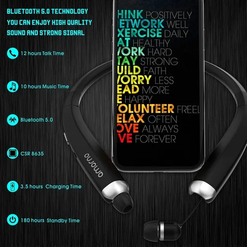 Miniatura 3 de AMORNO Auriculares Bluetooth plegables, auriculares deportivos inalámbricos con banda para el cuello con auriculares retráctiles, auriculares