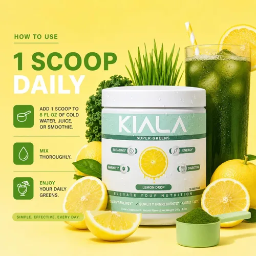Miniatura 5 de Kiala Nutrition Super Greens, Polvo de vegetales orgánicos con espirulina y clorella para la digestión, salud intestinal, inmunidad, energía, sin
