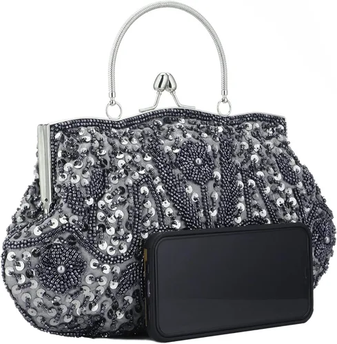 Miniatura 3 de Vistatroy Bolso de noche de diseño floral con cuentas con diseño de lentejuelas vintage cierre de beso bolso de mano de satén bolso de mano