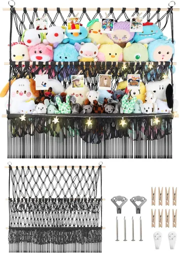Miniatura 23 de Red de almacenamiento de animales de peluche de 2 niveles, 17 x 32 pulgadas, organizador grande de animales de peluche para pequeños rellenos