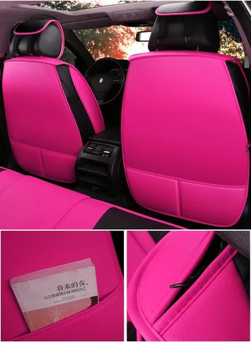 Miniatura 3 de Juego completo de fundas de asiento de piel para cuatro estaciones, diseño de oso de dibujos animados, 5 asientos, ajuste universal (negro y rosa)