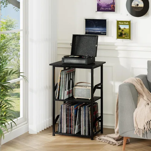 Miniatura 2 de LOAKEKEL Soporte para tocadiscos con almacenamiento de vinilo, mesa auxiliar de 3 niveles con estante, soporte giratorio alto con divisores