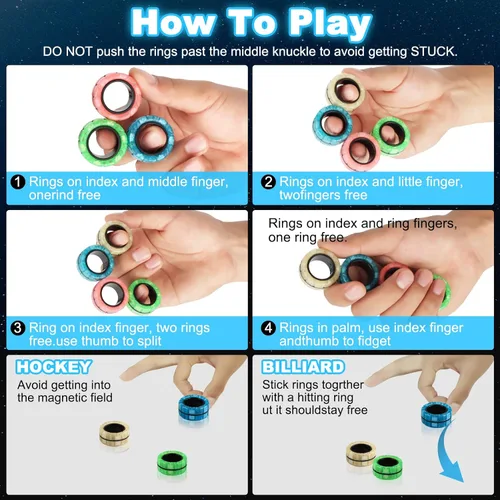 Miniatura 6 de Juego de anillos magnéticos giratorios, 12 piezas de anillos con imanes que brillan en la oscuridad para entrenamiento, alivia el autismo