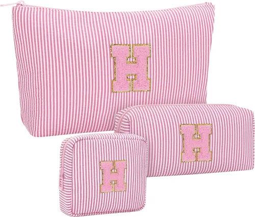 Miniatura 94 de Juego de bolsas de maquillaje con iniciales para niñas y mujeres, bolsa de cosméticos con monograma con soporte para cepillos, estuche de maquillaje