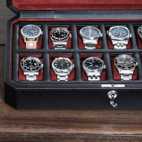 Miniatura 5 de ROTHWELL Caja de reloj de cuero con 12 ranuras, organizador de lujo para relojes, forro de microgamuza, soporte para relojes de joyería para hombre