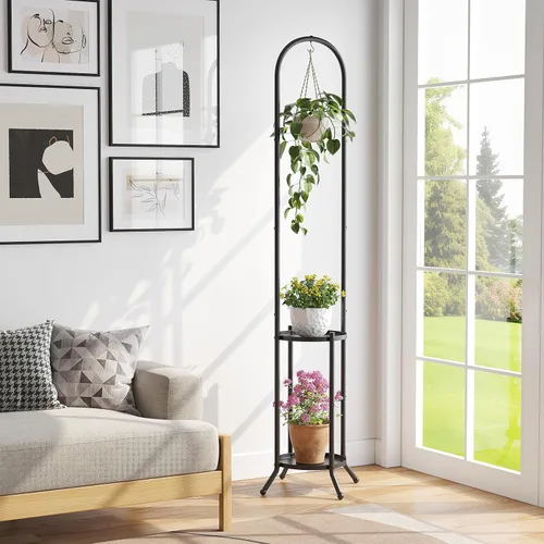 Miniatura 2 de Soporte de metal para plantas de 2 niveles con gancho para colgar para plantas de interior y exterior, estante de exhibición de acero resistente