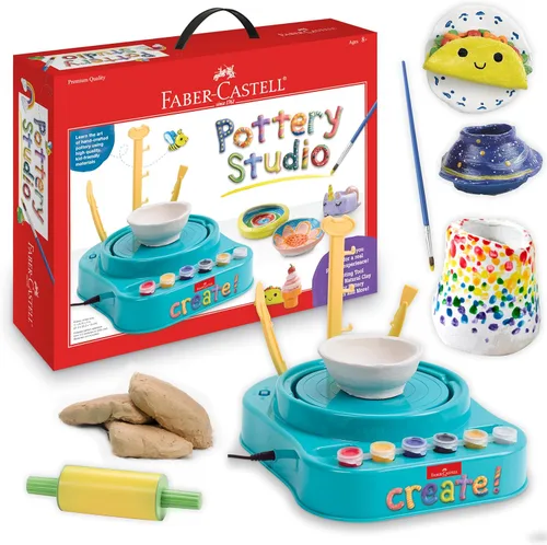 Faber-Castell Pottery Studio - Kit completo de rueda de cerámica y pintura para principiantes, 3 libras de arcilla para esculpir y herramientas