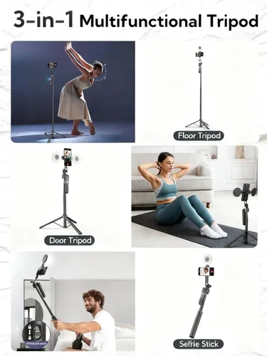 Miniatura 2 de Trípode negro para iPhone con luz, soporte de luz de anillo para iPhone, soporte ajustable para selfie stick con luz de relleno, trípode extensible