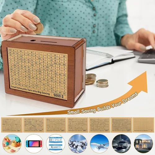 Miniatura 4 de Caja de dinero con contador, caja de dinero de madera reutilizable, alcancía retro con 500 1000 2000 3000 5000 10000 objetivo de ahorro de dinero