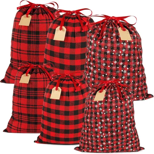 Miniatura 9 de HRX Package 2 bolsas de algodón de Papá Noel, bolsas de Navidad de tela a cuadros de 28 x 20 pulgadas, bolsas de Navidad reutilizables con etiqueta