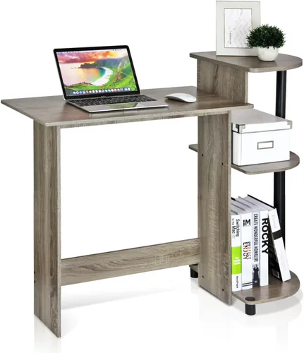 Furinno - Escritorio compacto para computadora con estantes, Tablero de partículas, Roble francés gris/negro. Roble Francés/Negro