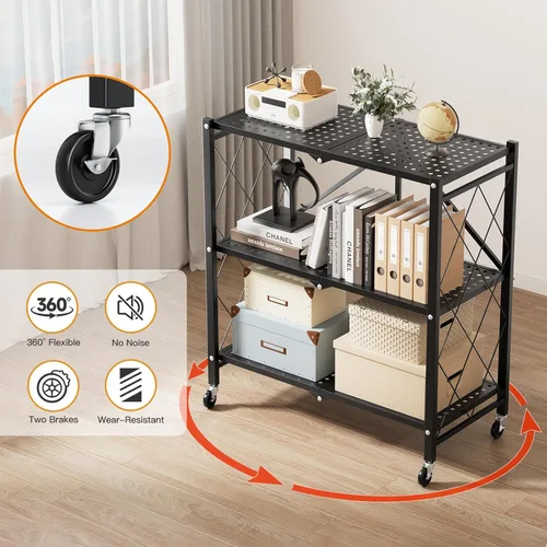 Miniatura 5 de HealSmart Estantería plegable de metal resistente de 3 niveles con ruedas, estantes organizadores para garaje y cocina con capacidad de hasta 750