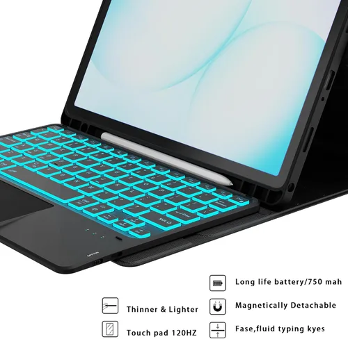Miniatura 8 de Funda para Galaxy Tab A9+/A11+ de 11 pulgadas con teclado - Funda de tableta inalámbrica desmontable retroiluminada de 7 colores con panel táctil