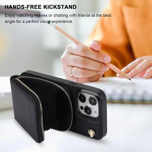 Miniatura 4 de KIHUWEY Funda tipo cartera cruzada para iPhone 15 Pro Max, funda con bolsillo con cremallera y soporte para tarjetas, funda protectora de piel Negro