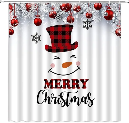 Cortina de ducha con diseño de muñeco de nieve, diseño de búfalo rojo, negro, a cuadros, lindo muñeco de nieve rojo, rojo, pájaro de Navidad, ramita
