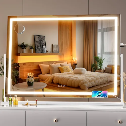 Miniatura 8 de Hasipu Espejo de tocador con luces, espejo de maquillaje LED de 24.2 x 19.7 pulgadas, espejo iluminado con aumento de 10 veces y USB, soporte