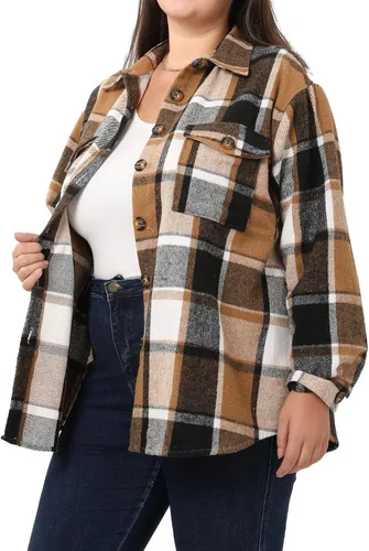 Miniatura 4 de MCEDAR Chaqueta de franela a cuadros de gran tamaño para mujer, casual, con solapa, manga larga, con botones, tallas grandes (S-4X)