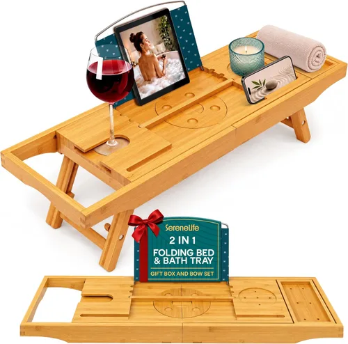 Miniatura 12 de SereneLife SLBCAD20 - Bandeja de bambú de lujo para bañera, organizador ajustable de madera natural para bañera con soporte para vino, colocación