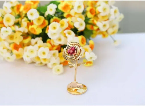 Miniatura 4 de Matashi I Love You Rose Flower - Adorno de mesa chapado en oro de 24 quilates con cristales rojos Arreglo floral de metal Cumpleaños, regalos