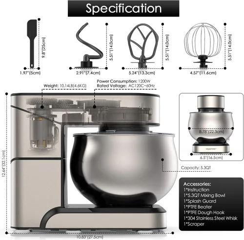 Miniatura 3 de Batidora con soporte, LILPARTNER, Mezclador de acero inoxidable de 5.3-QT con pantalla LCD, mezclador eléctrico de cocina de 6+P velocidades