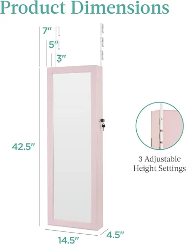 Miniatura 7 de Best Choice Products Armario de joyería con espejo LED, organizador de joyas con cerradura para pared o puerta con espejo, 2 cajones, cerradura