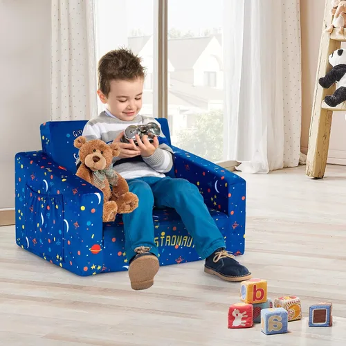 Miniatura 9 de Costzon Sofá para niños, sofá infantil abierto 2 en 1 con tela de terciopelo, bolsillos de almacenamiento, reposabrazos para niños pequeños, cama