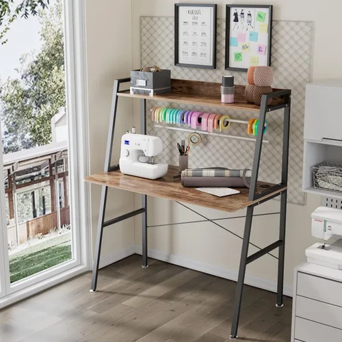 Miniatura 2 de DESIGNA Escritorio pequeño con escalera para computadora con estantes de almacenamiento, 43 pulgadas, 2 niveles, oficina en casa, estudiantes