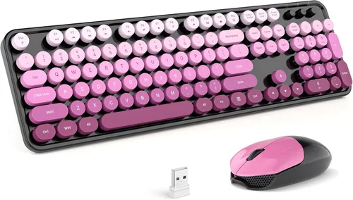 Miniatura 120 de KNOWSQT Combo de teclado y ratón inalámbrico, teclados lindos de tamaño completo estilo máquina de escribir 2.4G azul colorido - receptor USB Plug