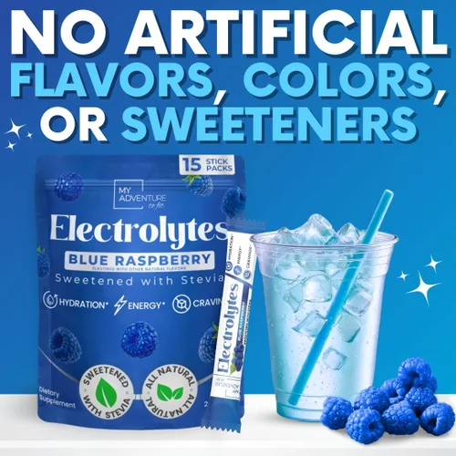 Miniatura 2 de Polvo de electrolitos sin azúcar - Sabor a frambuesa azul - Hidratación refrescante - Energía sin cafeína - Todos los ingredientes naturales