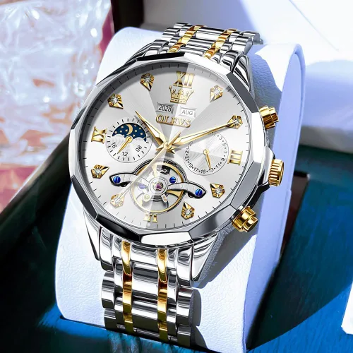 Miniatura 47 de OLEVS Reloj de pulsera automático con diseño de esqueleto para hombre, de lujo, con diamantes de lujo, de acero inoxidable, calendario, reloj